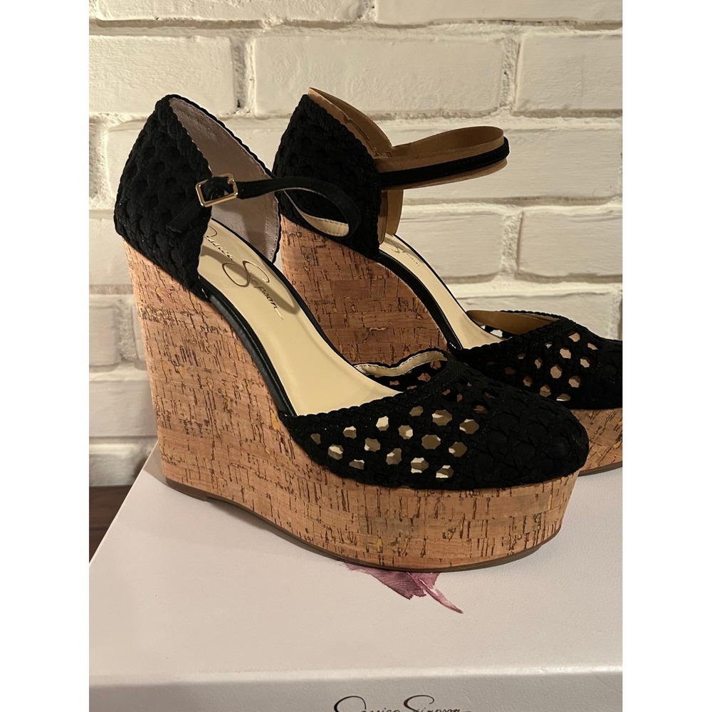 Jessica Simpson JS MARSHELA Black Woven Wedge Platform Ankle Strap Heel Size 10M